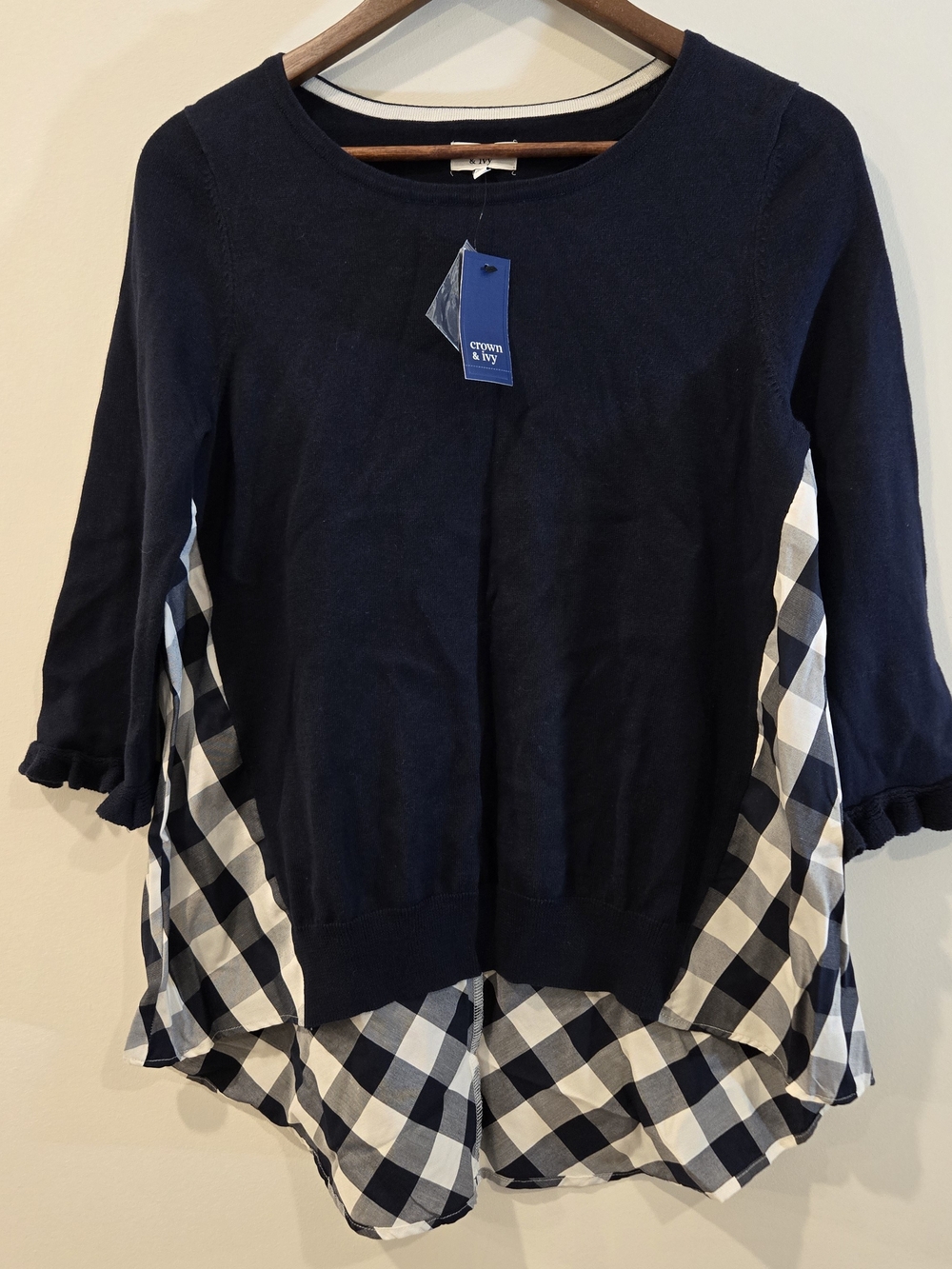 NEW Crown & Ivy Navy Check Sweater Sz S Preppy Business Casual Hi Low